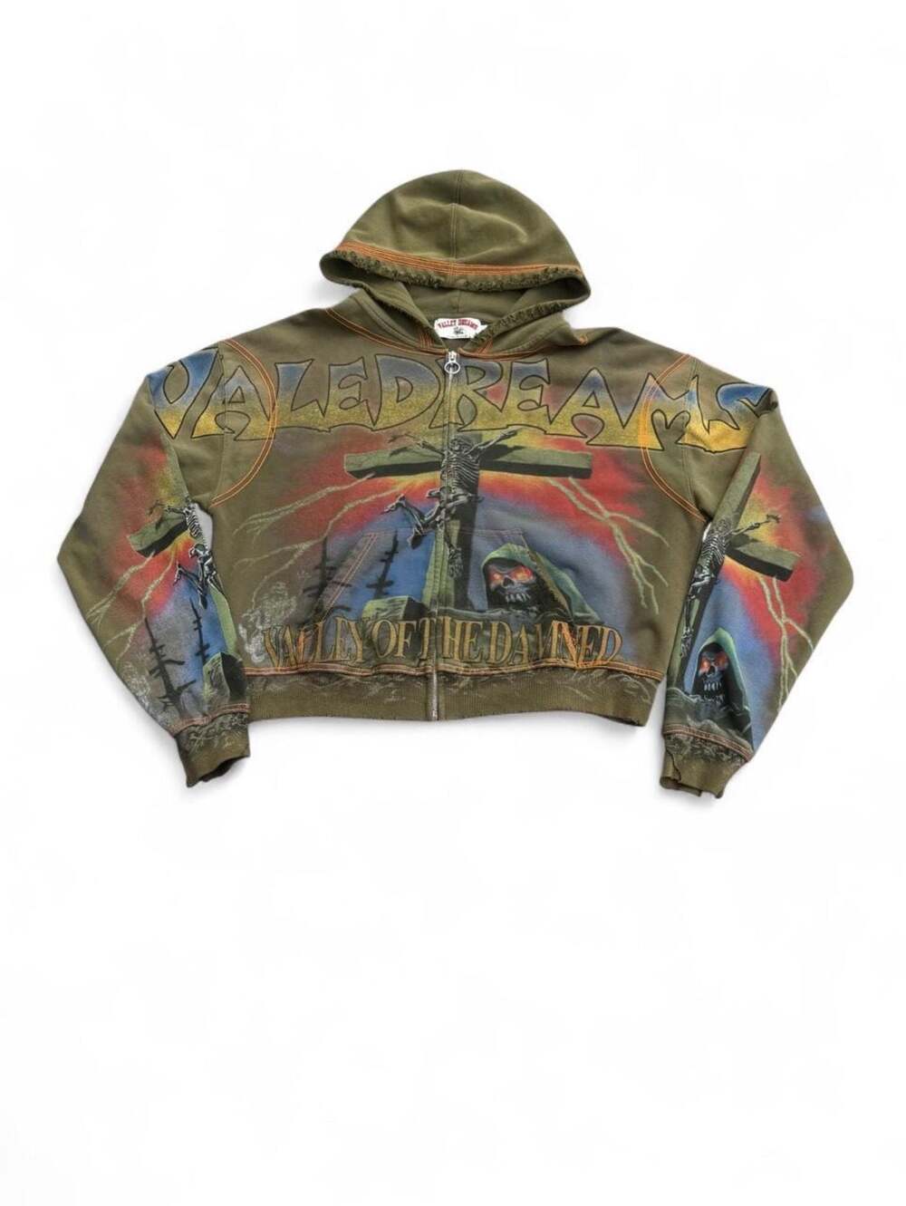 Valley Dreams “Valley of the Damned” Olive Zip Up Cropped Hoodie Size Large